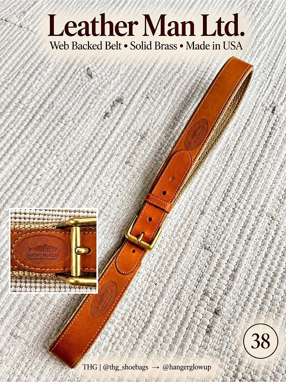 Leather Man Ltd Shark Leather Web Backed Belt Brass Buckle Mens 38